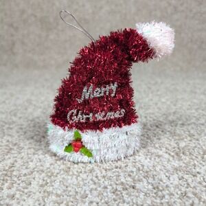 Christmas Ornament Santa Hat Merry Christmas Glitter Tinsel Red White Holiday